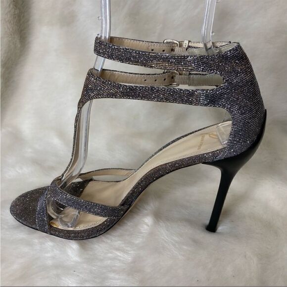 Brian Atwood Laetitia Glitter 4.5” Heels T-Strap Strappy Party Metallic 8 - Picture 3 of 12